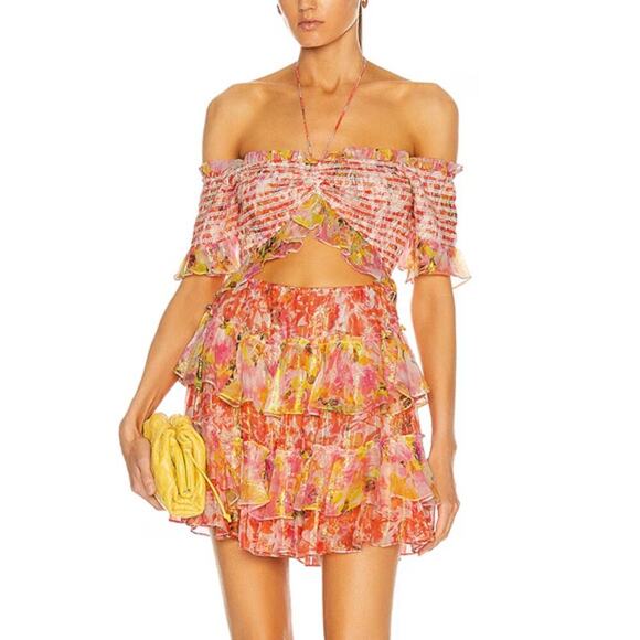 Luxxel Pink Floral Smocked Ruffle Tiered Mini Dress Size S - Picture 1 of 6